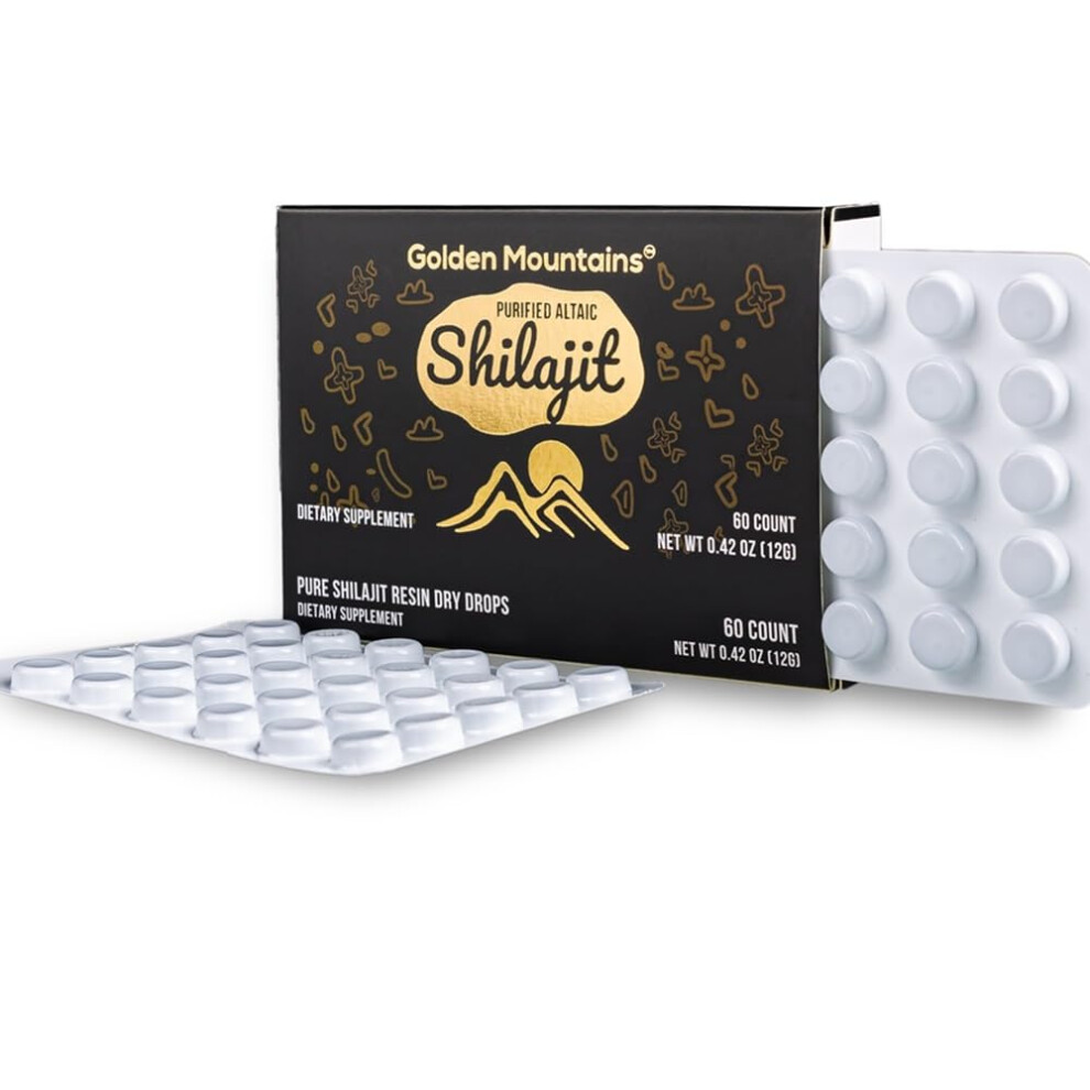 Siberian Green Green/Golden Premium Pure Shilajit Dry Drops By Siberian Altai " Mountains" - 60 Count (200 Mg) Food Supplement Fulvic Acid