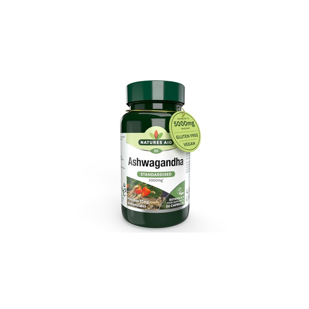 Natures Aid Ashwagandha 5000Mg - 30 Tablet Capsules - Natural Pure High Strength Ashwagandha Root Extract Supplement - Vegan Gluten Lactose Free - Not Ashwagandha