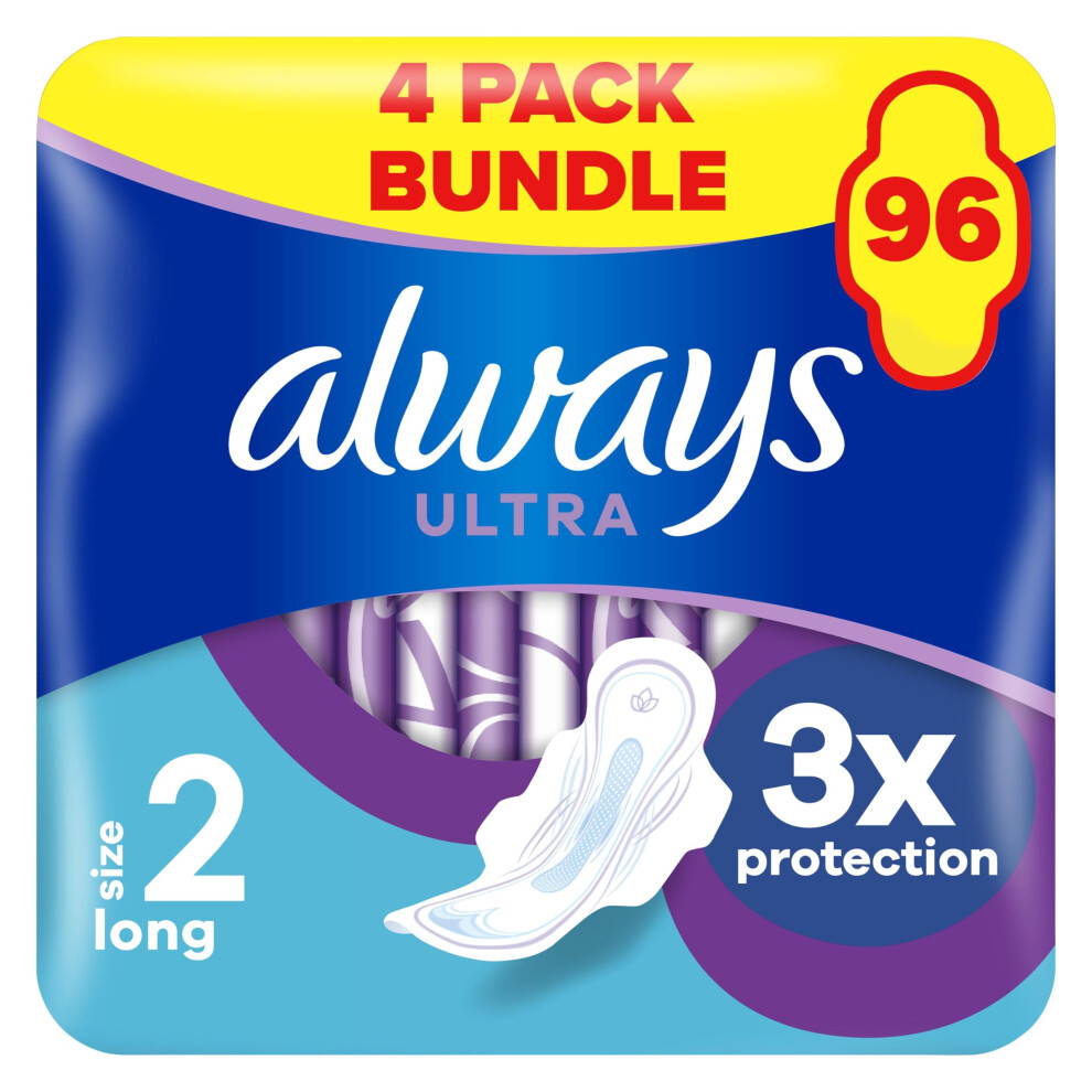 Ultra Sanitary Towels/Pads with Wings, Long Size 2, Ultra Thin, 96 Towels (24 x 4 Packs), Super Saving Box, Odour Neutraliser, Super Absorbent Core