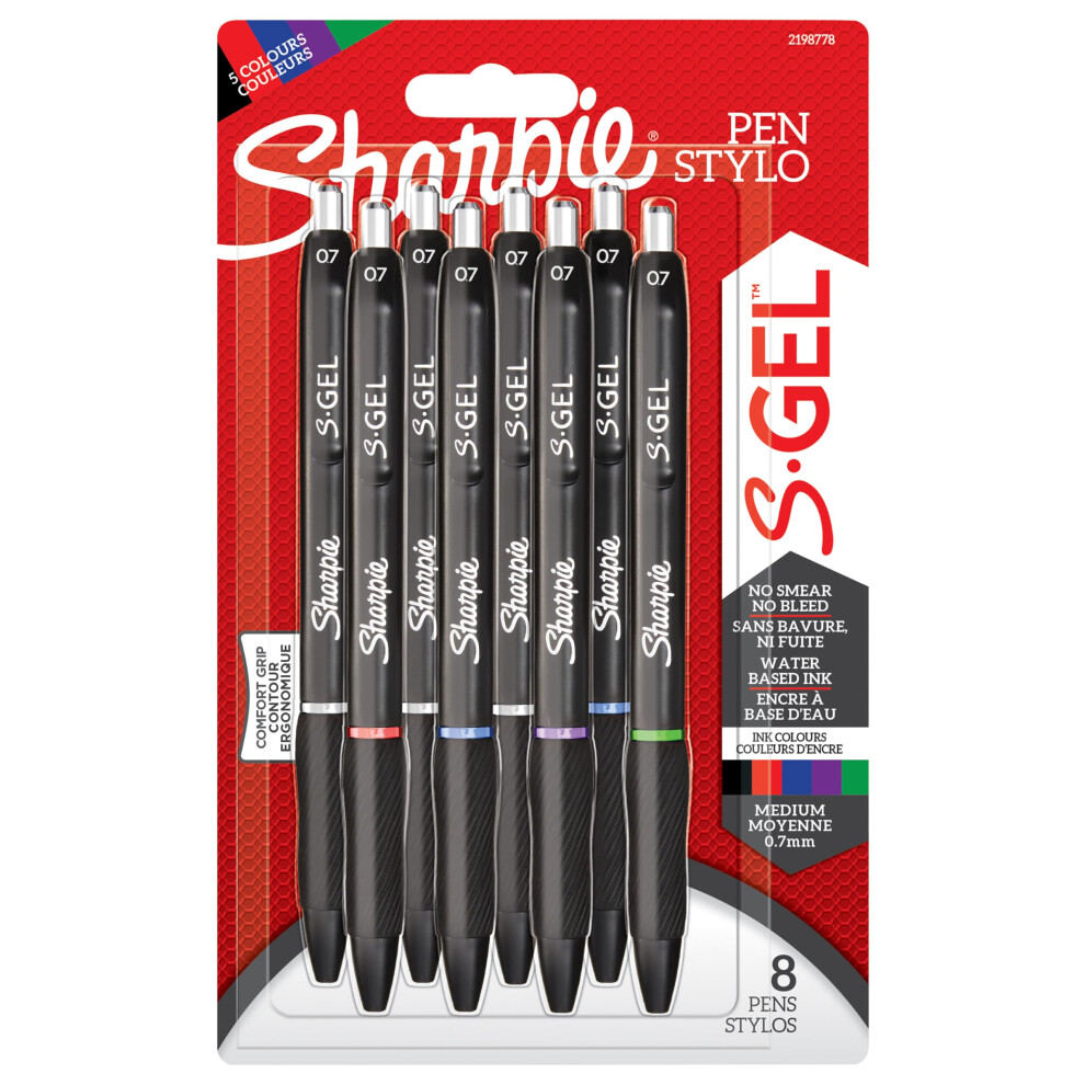 S-Gel | Gel Pens | Medium Point (0.7mm) | Assorted Ink Colours | 8 Count