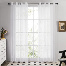 Linen Look Voile Curtains White, Semi Transparent Eyelet Sheer Curtains, Voile Curtains for Living Room, 55 x 90 Inch(Width x Length), 2 Panels