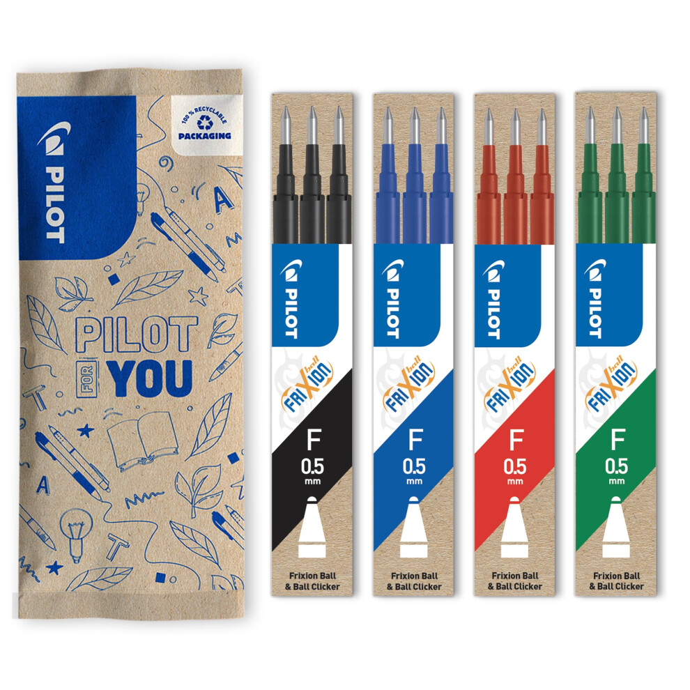 - Set of 4 sets of 3 Refills, FriXion Ball 0.5, Erasable Roller-ball Pen Refills - Blue, Black, Green, Red - Fine Tip