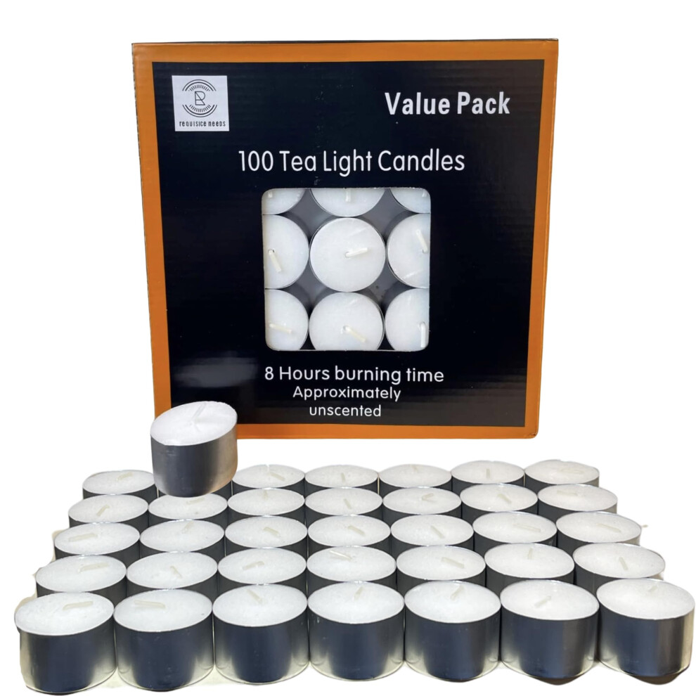 Requisite Needs 100 Tea Light Candles 8 Hour Burn Time White Unscented - Image 3