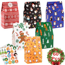 60 Pack Christmas Goody Bags Holiday Design Gift Treat Bags with 60pcs Xmas Gift Tag Stickers for Classrooms, Party Favors and Birthdays