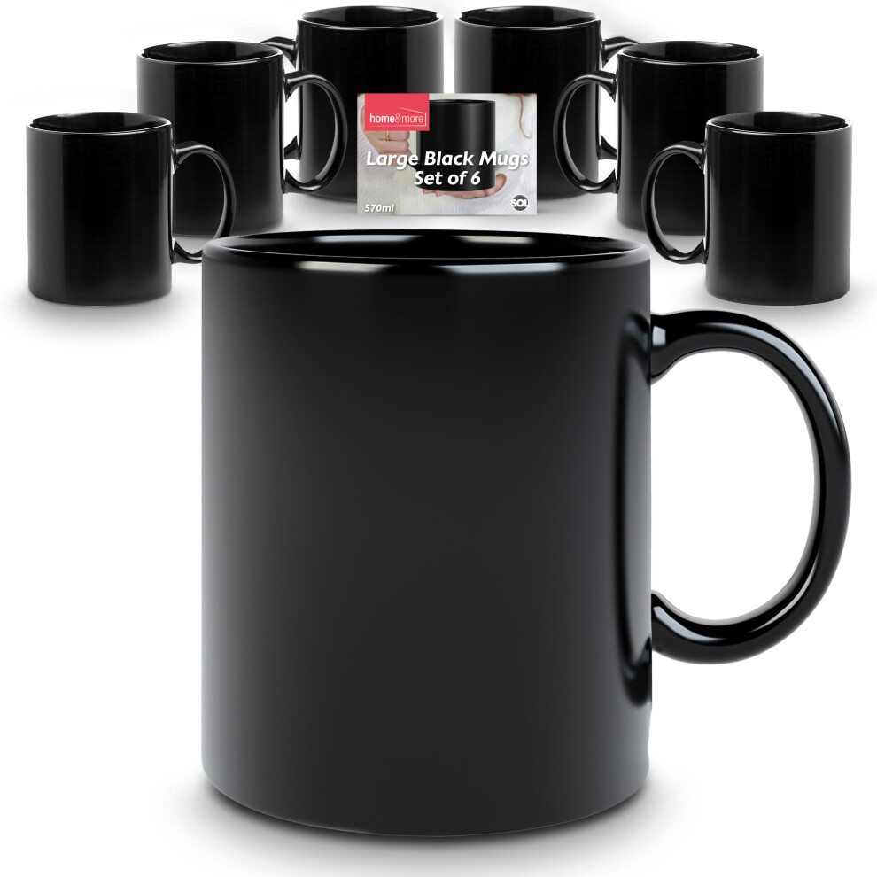 Large Black Mugs Sets of 6 | 570ml | Pint Mugs for Hot Drinks Ceramic Coffee Cup | Big Mugs with Handle | Black Coffee Mugs Set of 6, Mugs Black