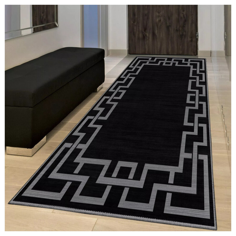 (60 x 220 cm- Printed Runner Rug, Black Grey) Hallway Runner Rugs Printed Carpets Bath Doormats