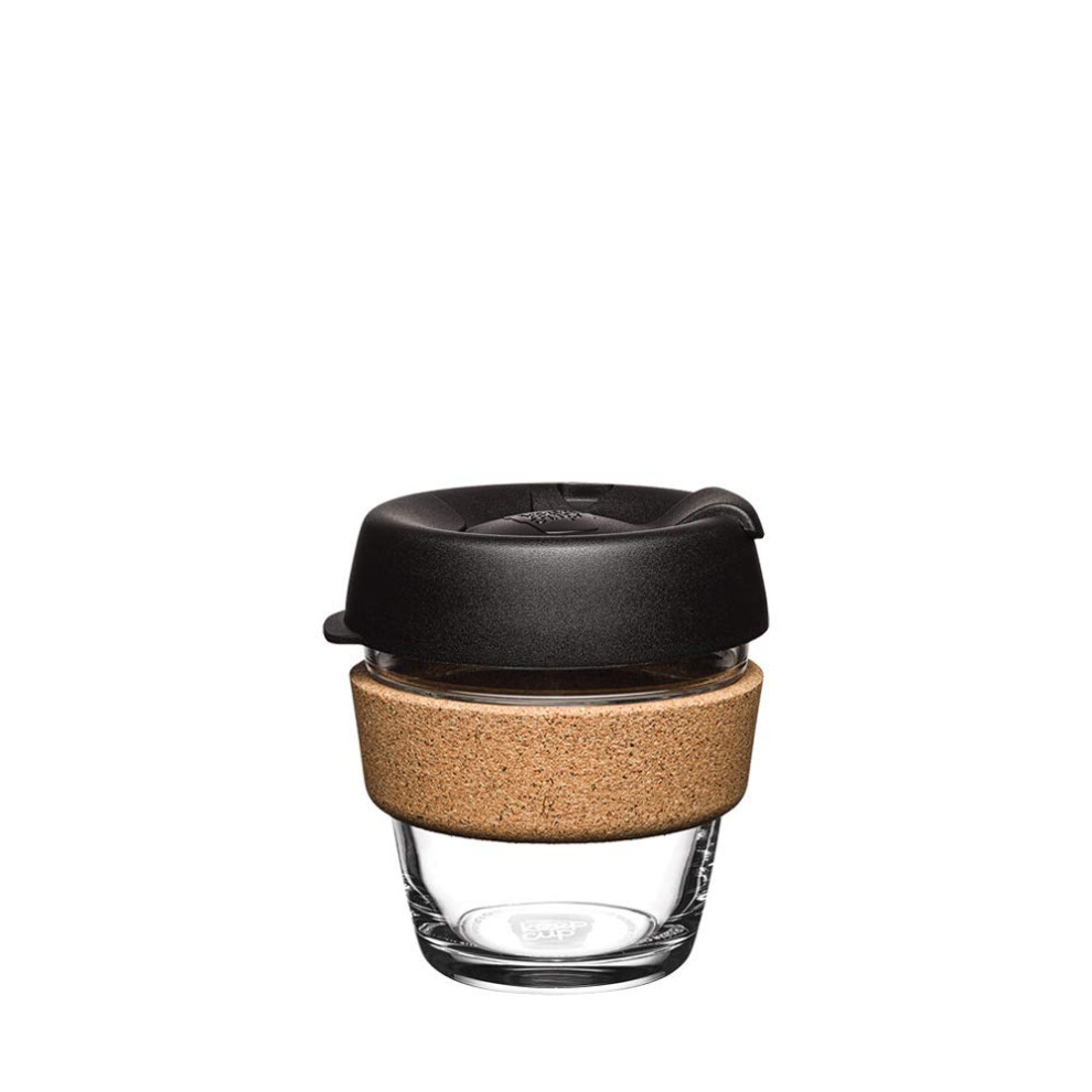 Reusable Coffee Cup - Brew Tempered Glass and Natural Cork, XS 6oz/177ml - Black