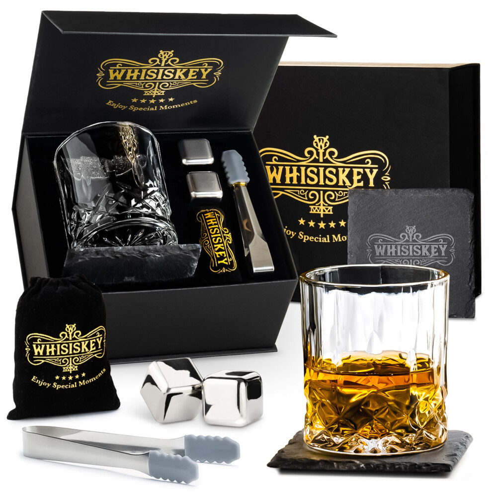 - Whiskey Glass Set - Whisky Accessories Set - Whiskey Gift Set - Gifts for Men - Reusable Ice Cubes - Contains: 1 Tumbler Glass, 2 Whiskey Stones, 1