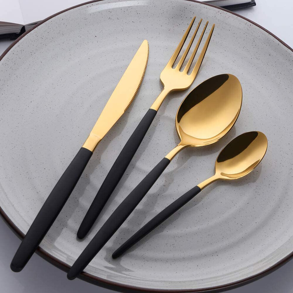 Black and Gold Cutlery Set, 4 Piece Stainless Steel Silverware Set Service for 1, Black Handle Knife Fork Spoon Set, Black and Golden Plated Stainless