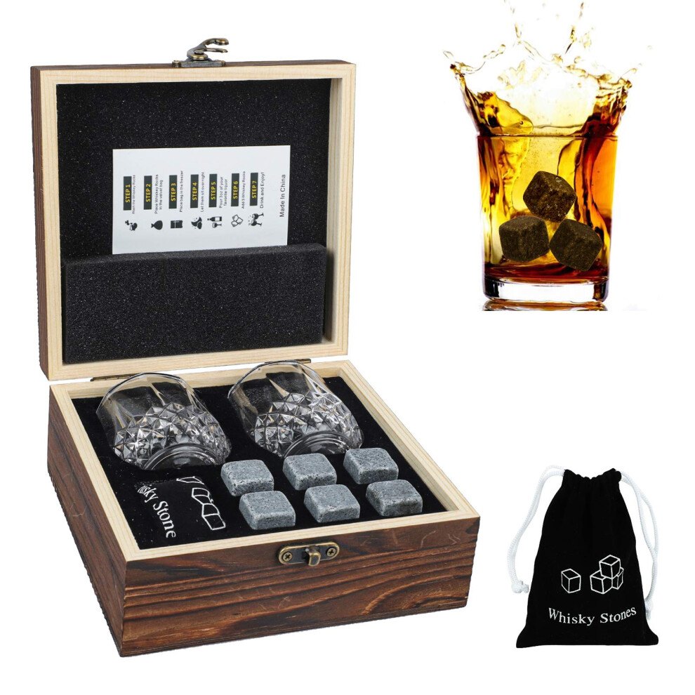 Whisky Stones and Glass Gift, KissDate 6PCS Natural Granite Whiskey Chilling Stones and Stylish Wooden Box, Reusable Bourbon Cognac Scotch Wine Gin