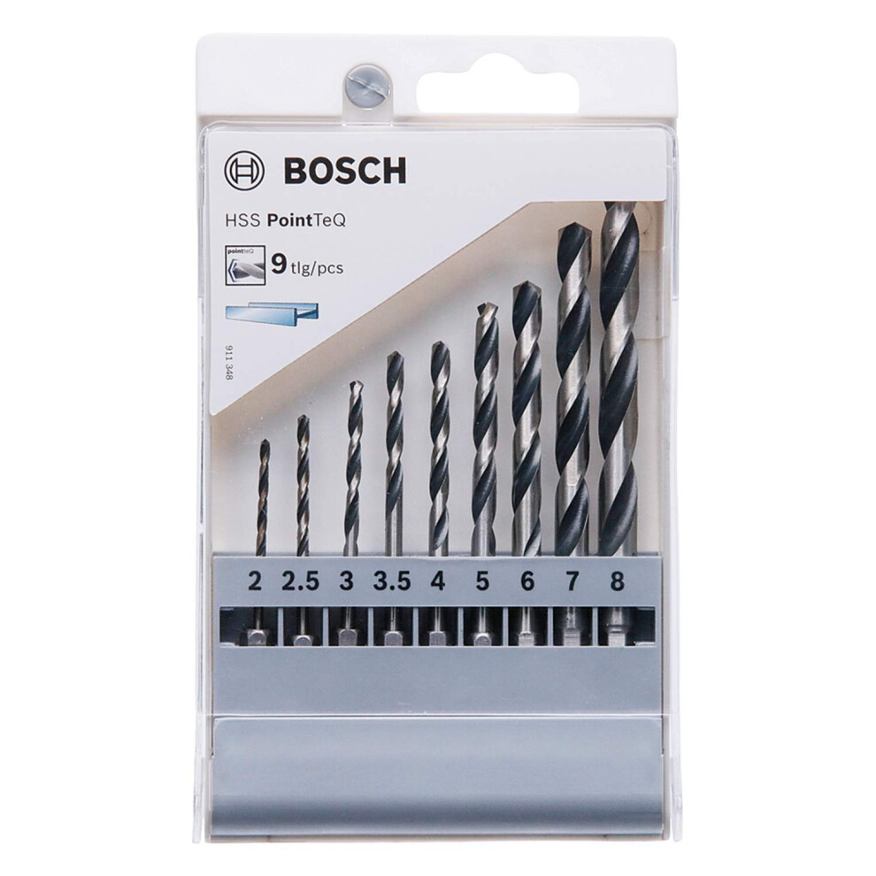 Bosch Professional 9Pc Pointteq Hex Drill Bit Set (For Metal, Ø: 2-8 Mm, Total Length: 60-117 Mm, ¼'' Hex Shank, Accessory For Impact Drivers And