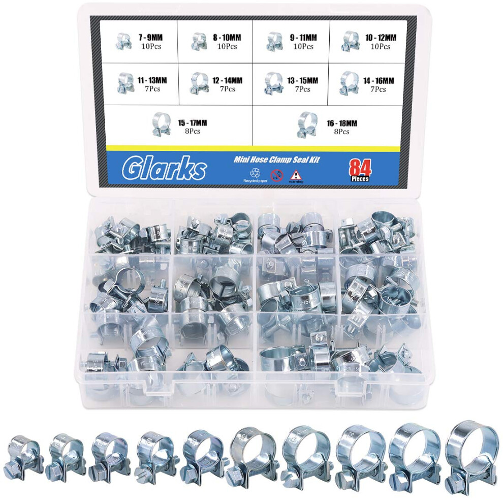 Glarks 84Pcs 10 Size Mini Fuel Injection Style Hose Clamp Assortment Kit For Diesel Petrol Pipe