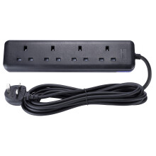 Extension Lead 5m Long Extension Cable 4 Way Power Strip Fireproof Power Socket Black Extension Cord 3250W Muti Plug for Home, Office&Garden