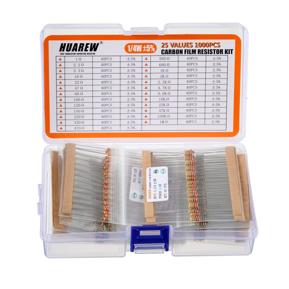 1/4W Carbon Film Resistors Assortment Kit 1 Ohm-1M Ohm With 5% 1/4-Watt Resistor Kit (1000 Pcs 25 Values) 762917456911