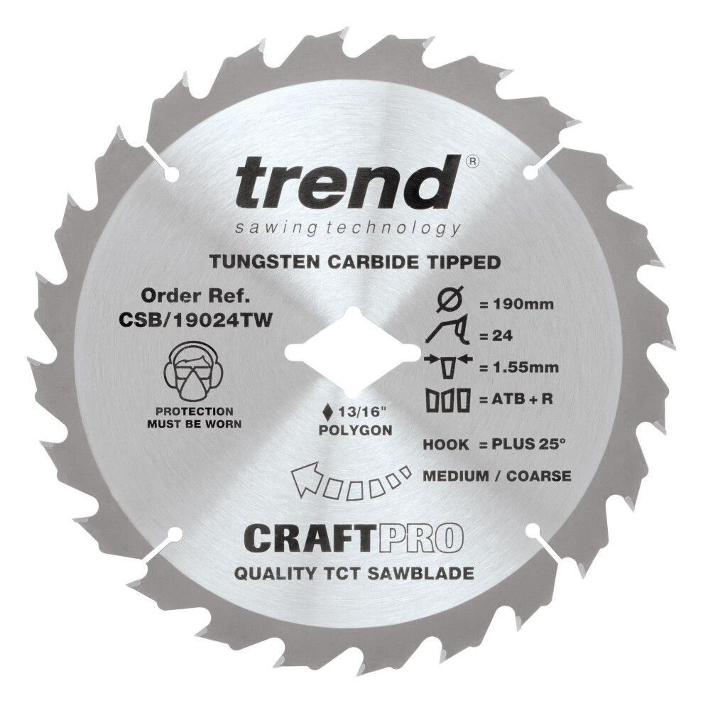 Wood Cordless ATBR Circular Saw Blade, 190mm Diameter, Diamond Bore, 24 Teeth, TCT, 1.6mm Kerf, +24 Hook, CSB/19024TW