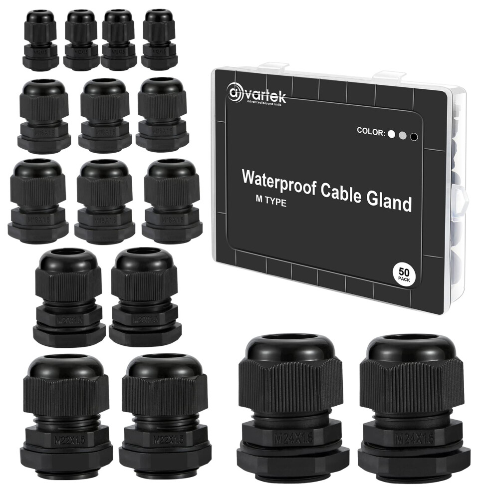 50 Pack Waterproof Cable Glands Adjustable 3-16Mm Cable Connectors M12 M16 M18 M20 M22 M24 Plastic Cable Glands Connectors With Locknut And Washer - 5056479009315