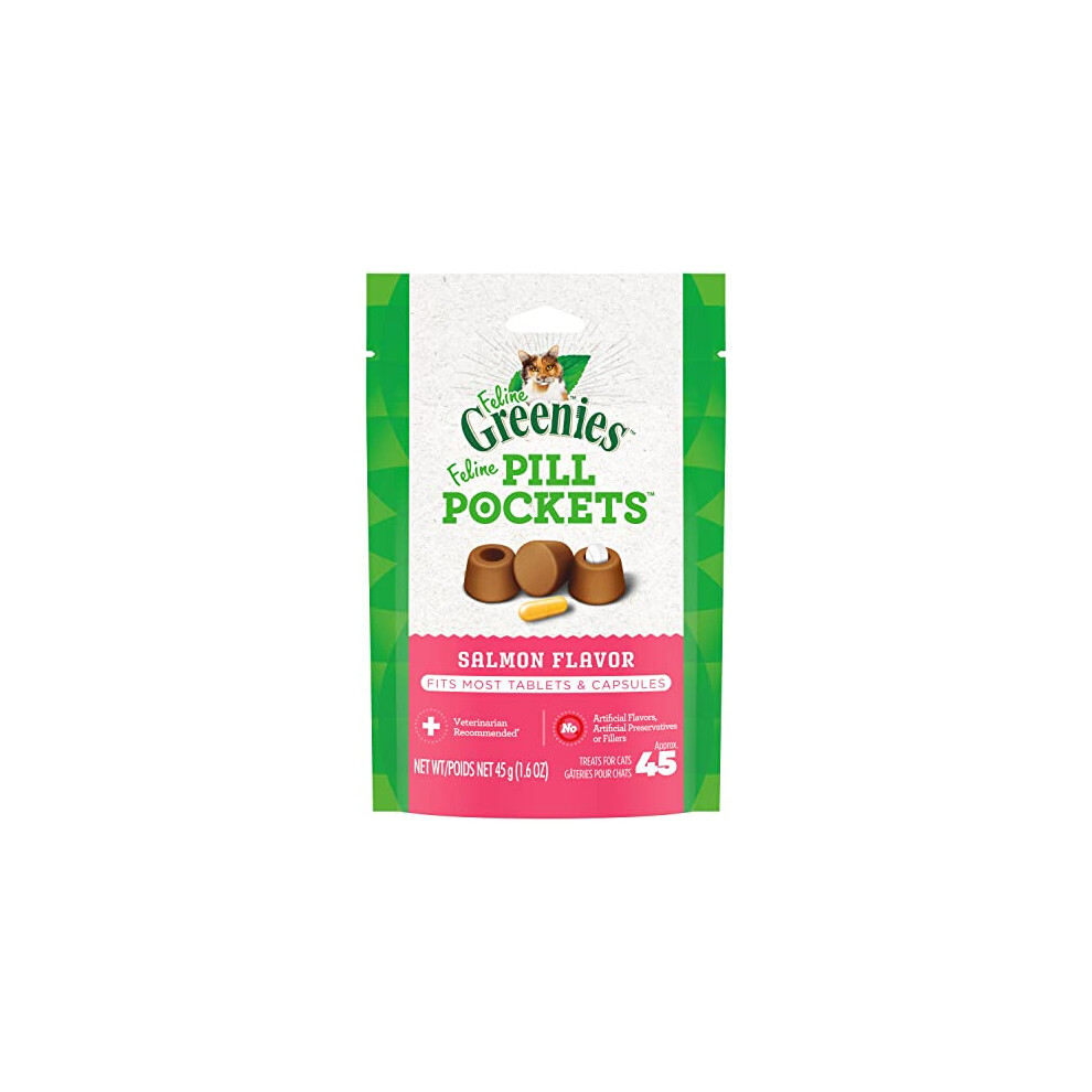 FELINE GREENIES PILL POCKETS for Cats Natural Soft Cat Treats, Salmon Flavor, 1.6 oz. Pack (45 Treats)