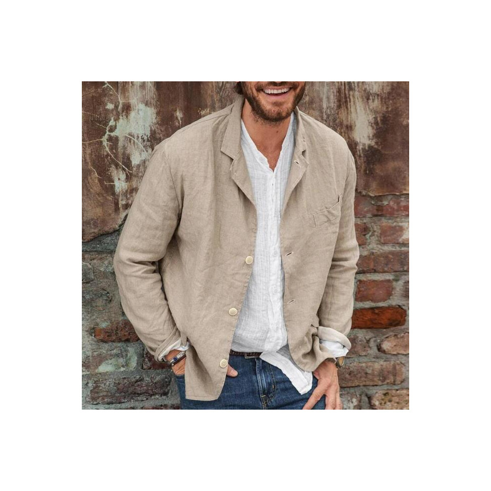 (BEIGE, XL) Men's Blazer Solid Color Cotton Jacket Plus Size