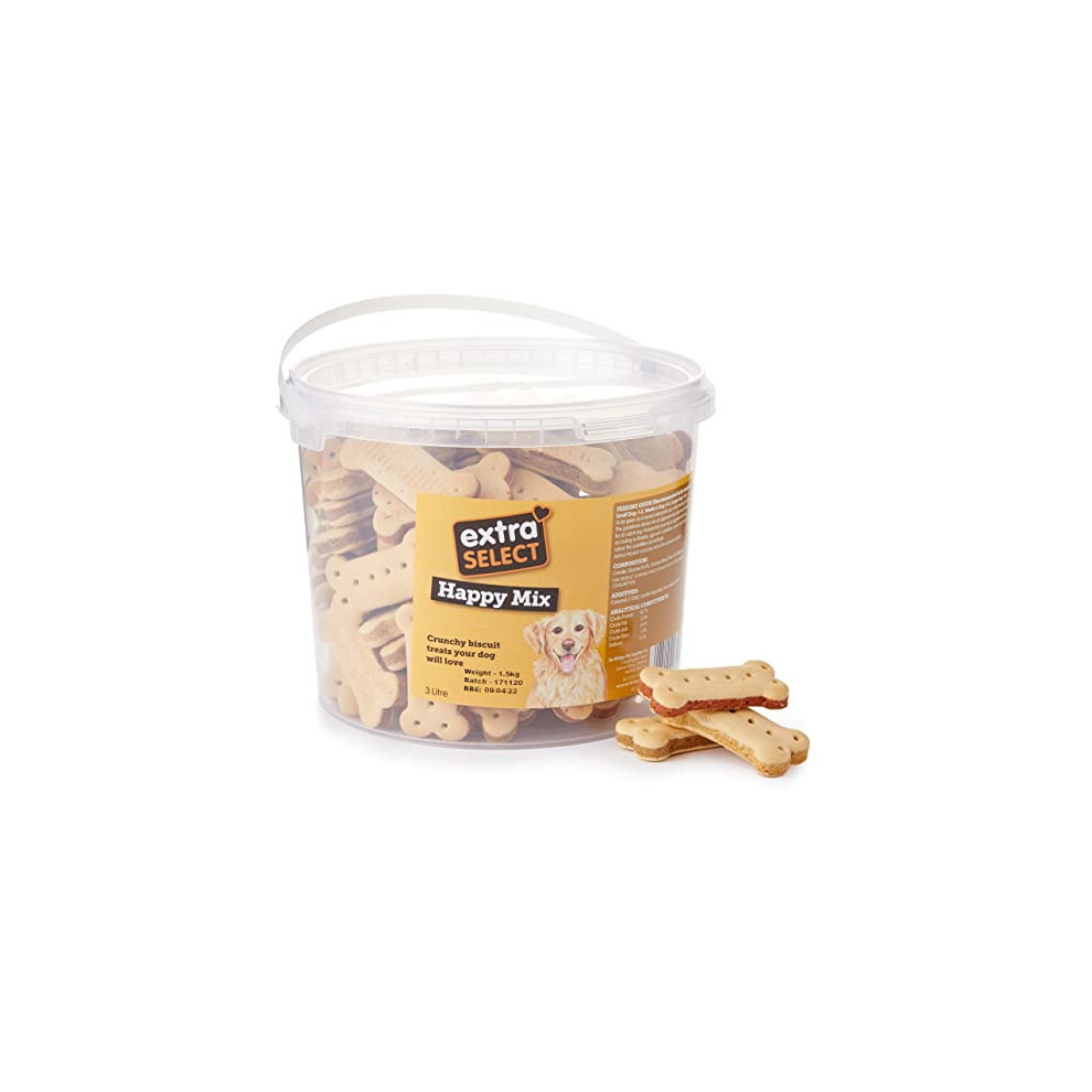 Extra Select Happy Mix Dog Treats â 3ltr Bucket (Approx 100 Biscuits), 3 Flavours, 01SBT5 â Crunchy Bone-Shaped Rewards for All Sizes