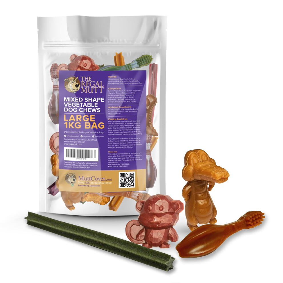 The Regal Mutt - Vegetable Dog Chews - Mixed Shape Variety Pack - 1Kg Bag) Large