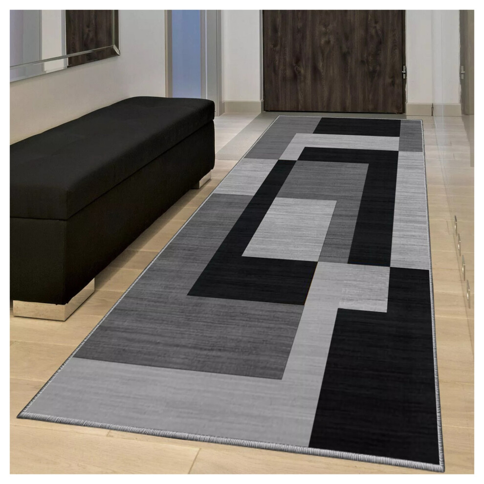 (80 x 300 cm- Printed Extra Large Runner Rug, Milo Black Grey) Hallway Runner Rugs Printed Carpets Bath Doormats