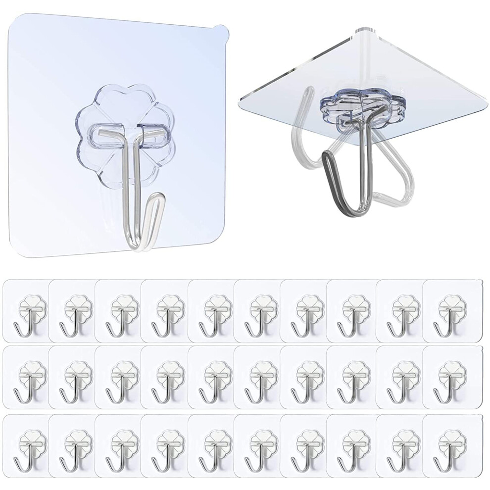Eoswru Self Adhesive Hooks, 30Pcs Sticky Hooks For Hanging, Hooks Heavy Duty 10Kg (Max) Seamless Transparent Adhesive Hooks Waterproof And Oil-Resistant,