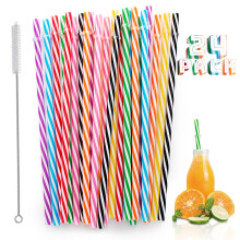 SMALUCK 24-Pack Reusable Candy-Striped Plastic Straws with Cleaning Brush – 9in Long, 0.76cm Dia, 8 Colors, Eco-Friendly