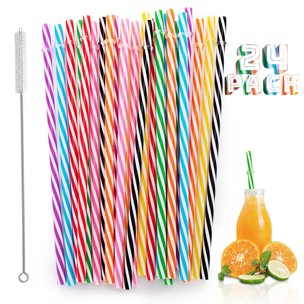 Reusable Plastic Straws, 24 pcs Non Disposable Candy-Striped Drinking Straws with Cleaning Brush, Reusable Hard Plastic Straws for Family Bars Cafes