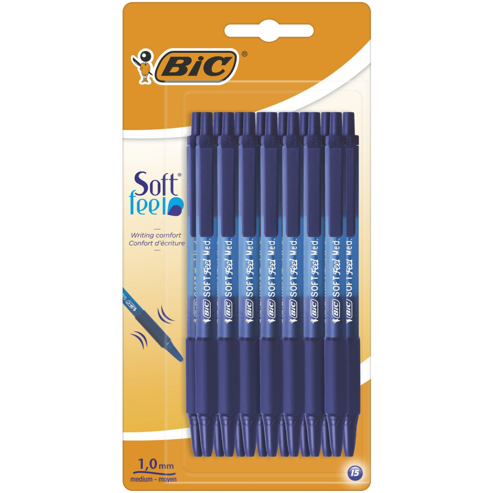 Soft Feel Click Grip Ballpoint Pens, 1.0 mm Retractable Point, Soft-Touch Rubber Grip, Blue, pack of 15