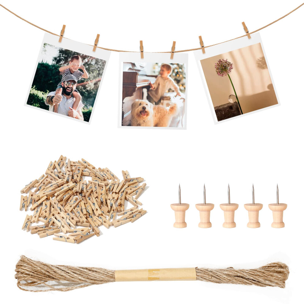 Furuising 150Pcs Mini Wooden Pegs, 2.5Cm Natural Small Photo Pegs,Small Pegs For Hanging Photos,Wooden Pegs Craft With 10M Jute String For Photo Wall