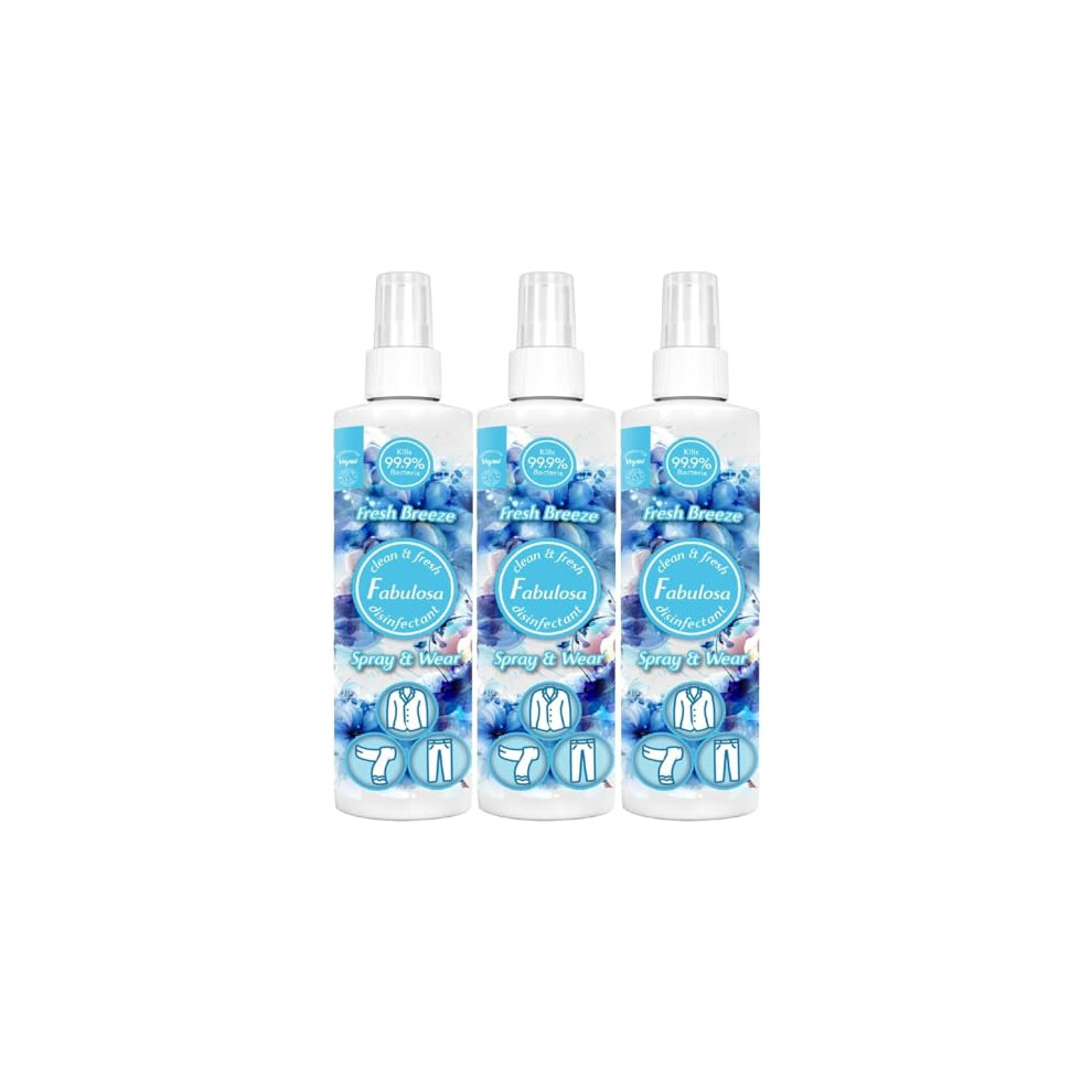 Fabulosa, Antibacterial Spray and Wear Dry Washing Fabric Clothes Freshener Spray Pack, Blue, 250ml, Fresh Breeze (Pack of 3)