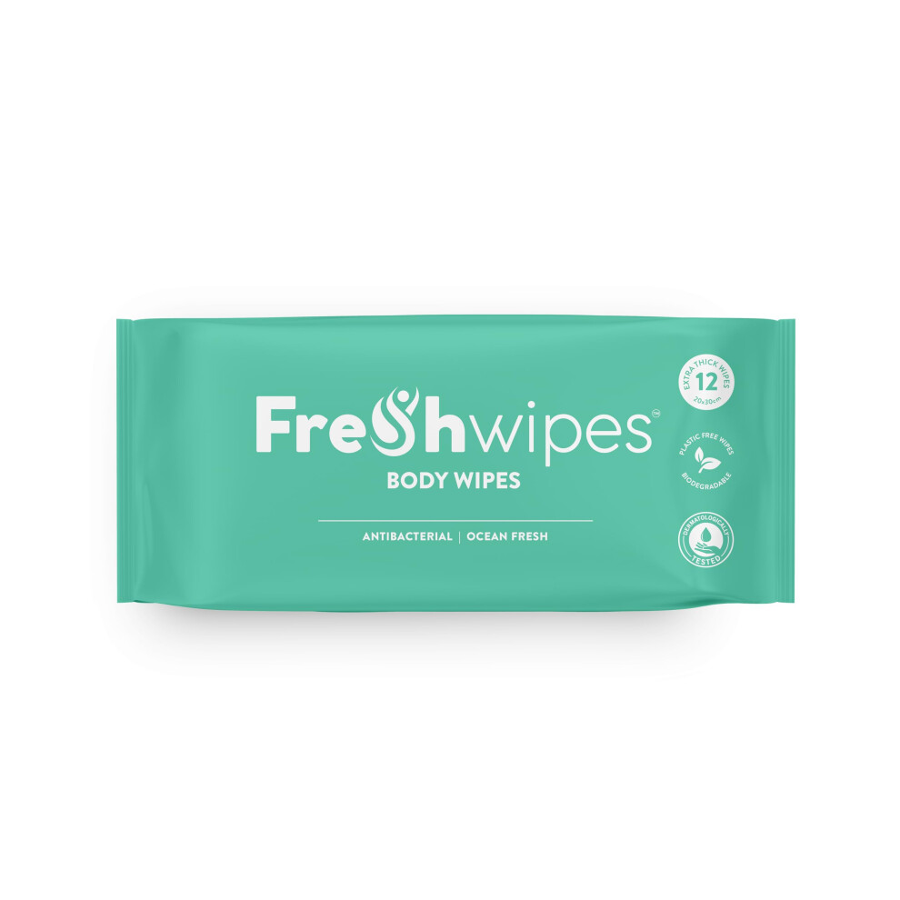 Fre Shwipes Freshwipes Body Wipes 12 Luxury, Large Ocean Fresh Scented Antibacterial/Biodegradable Adult Wet Wipes - Ideal For Camping, Festivals, Sport, Disabled