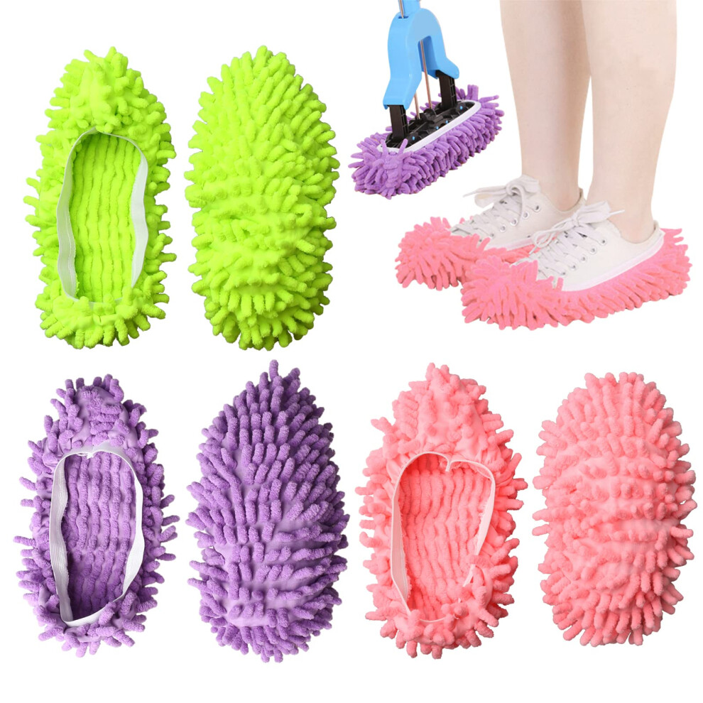 3 Pairs/ 6PCS Mop Slippers, Microfiber Dust Mop Shoes Multifunction Floor Cleaning Shoe Covers Hair Cleaner Foot Socks Caps