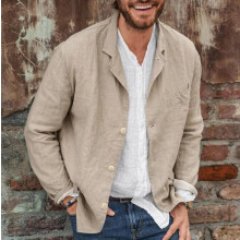(BEIGE, 5XL) Men's Blazer Solid Color Cotton Jacket Plus Size