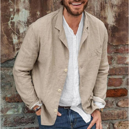 (BEIGE, 5XL) Men's Blazer Solid Color Cotton Jacket Plus Size