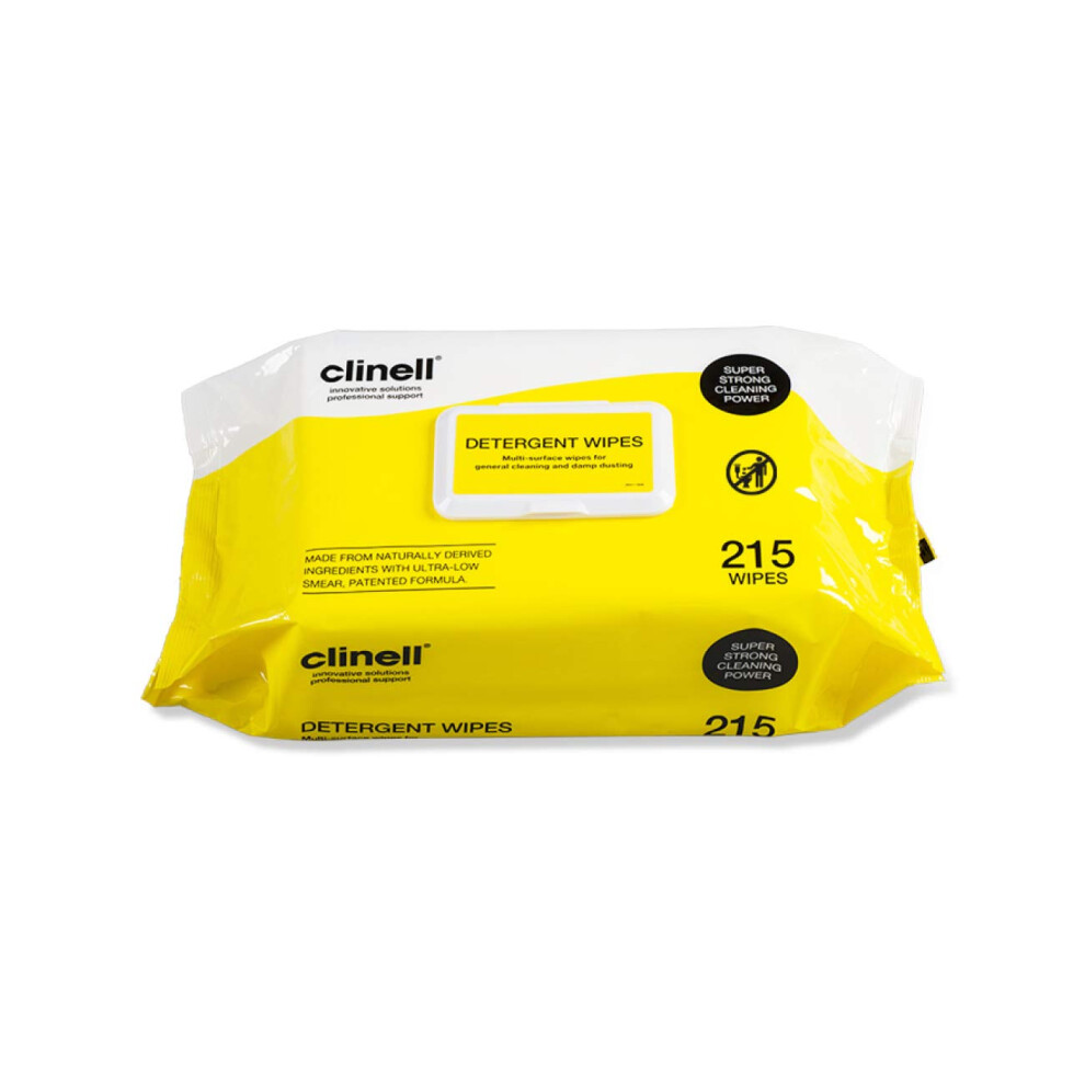 Clinell Detergent Wipes - Pack Of 215 Wipes - Alcohol Free - Multi-Surface Wipes For General Cleaning, Strong & Durable, Low Smear Formula