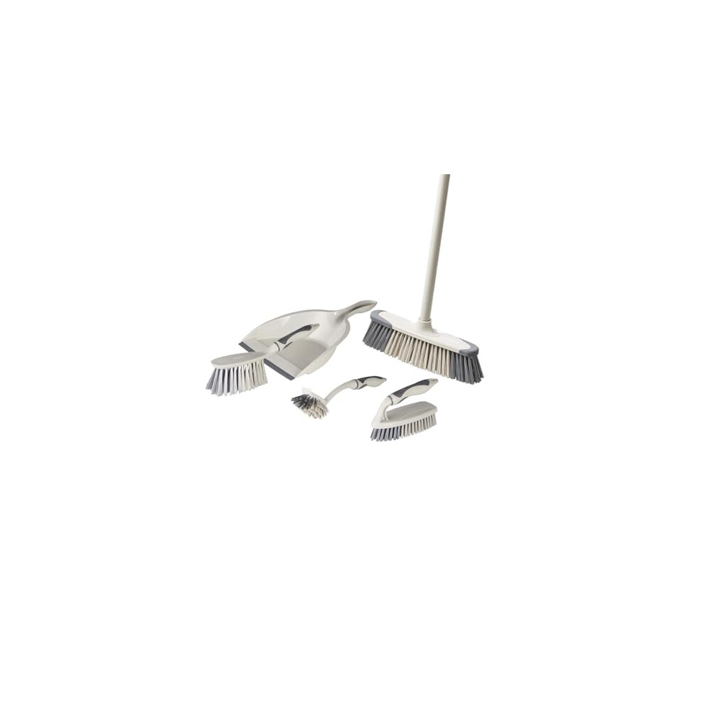 Tower T769002msh 5-In-1 Cleaning Set With Dust Pan And Brush/Kitchen Broom/Dish Brush/Scrub Brush, Latte & Grey