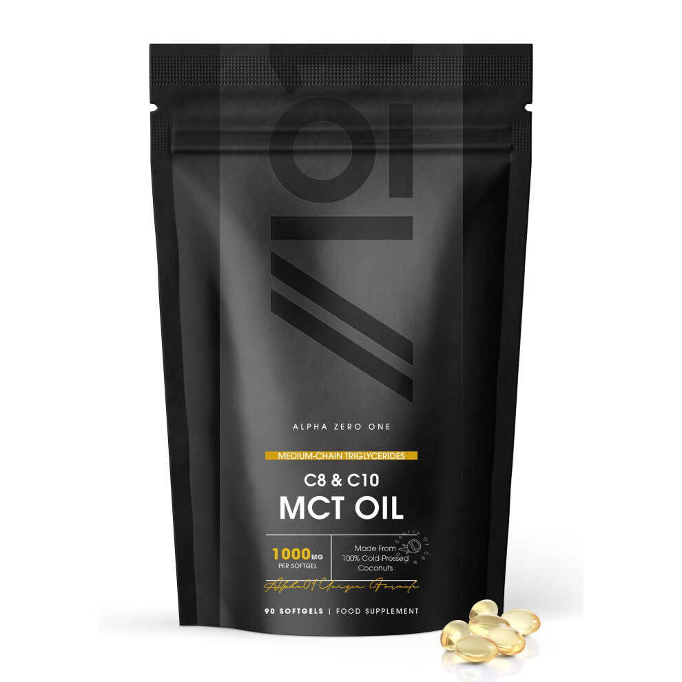 MCT Oil Capsules 1000mg ~ 90 Softgels (3 Month Supply) ~ Medium Chain Triglycerides ~ Made from Coconuts ~ Source of C8 + C10 ~ by Alpha01