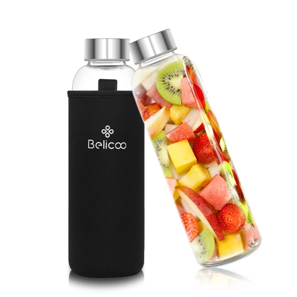 BPA-Free Glass Water Bottle 550ml/18oz Borosilicate Leak Proof Portable for School Office Home Travel Sport with Neoprene Carrying Sleeve and Nylon