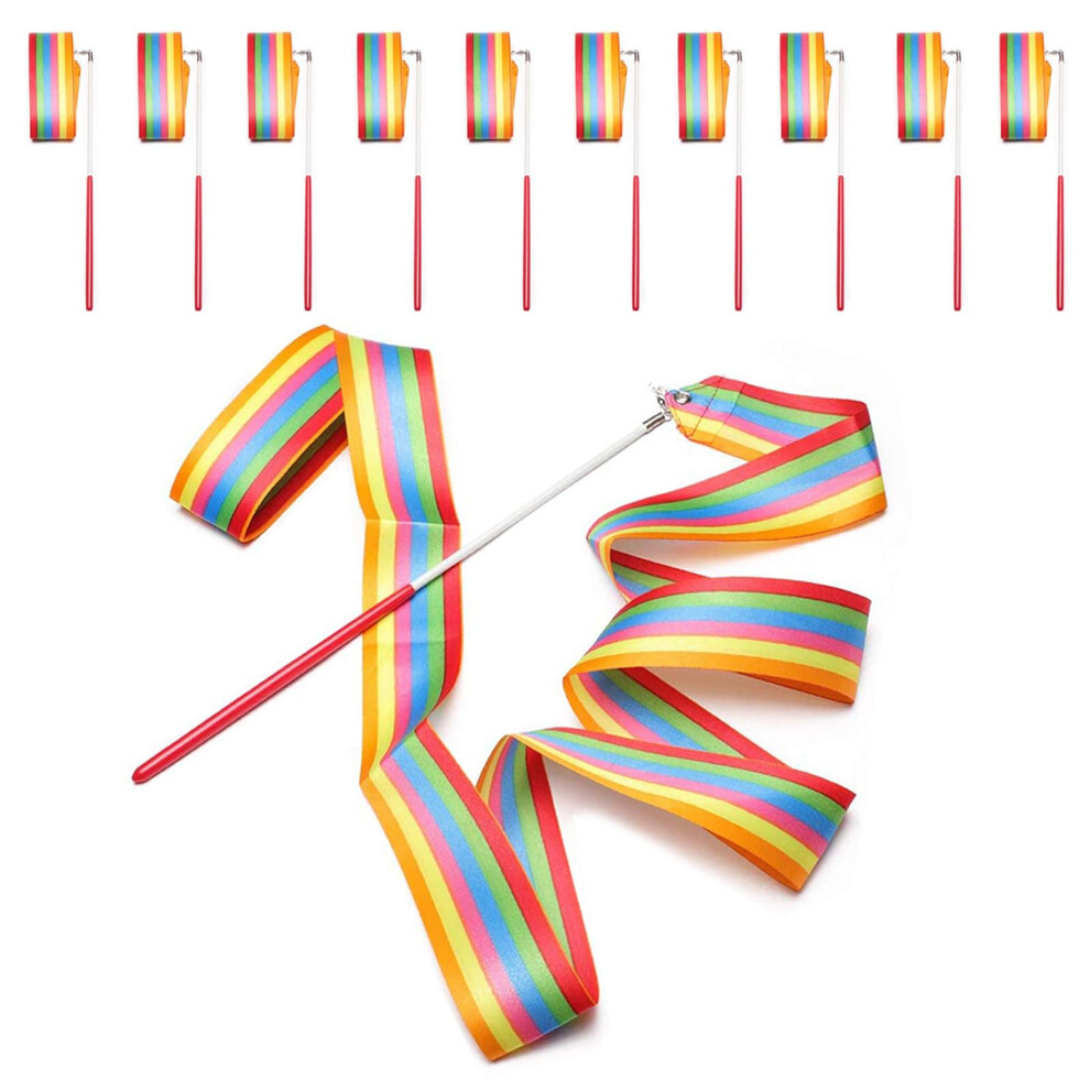 Surplex 10Pcs 2 Meter Art Gymnastics Rhythmic Ribbon Twirling Baton Rod,Gym Dance Ribbon Wand Streamer And Stick For Children,Rainbow