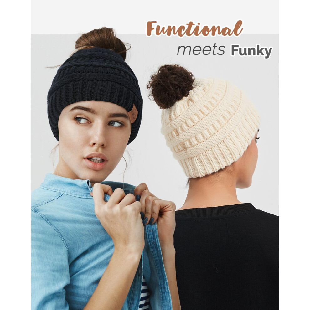 Satin Lined Beanie Hat for Women Silk Lined Winter Hat for Curly Hair Ponytail Beanie Messy Bun Knit Skull Cap Black on OnBuy