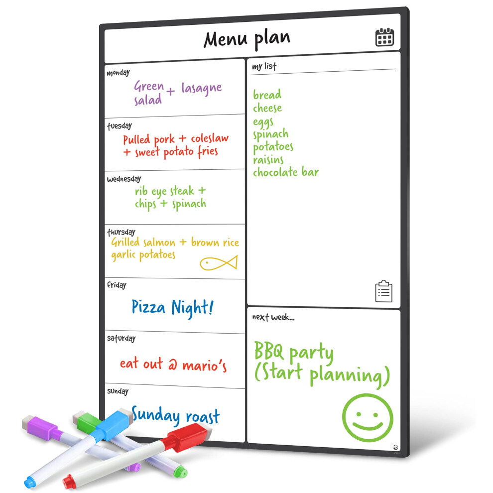 A3 Magnetic Whiteboard Fridge Calendar - Meal Planner And Shopping List White Board - Memo Board And Family Planner Notice Board - Weekly