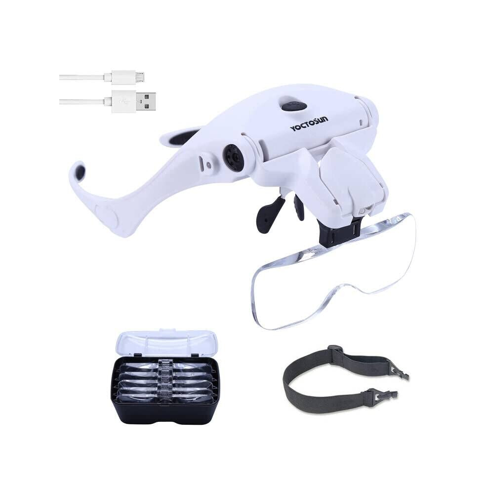 LED Head Magnifier, Rechargeable Hands Free Headband Magnifying Glass with 2 Led Professional Jeweler's Loupe Light Bracket and Headband are