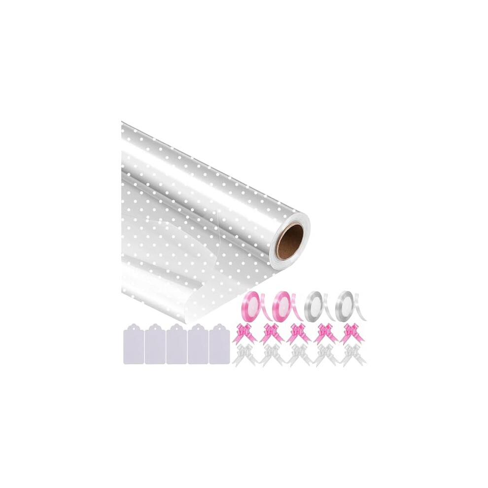 Clear White Dot Cellophane Wrap for Hampers 40cm x 30m Florist Cellophane Wrap Roll, Gift Wrappings for Flower Bouquet, Crafts, Easter Baskets - 10