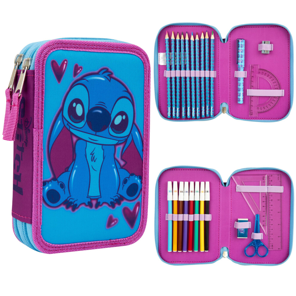 Filled Pencil Case with Stationery for Kids, School Supplies Colouring Pencils, Markers - Gifts for Girls (Blue/Pink Stitch Double Zip)