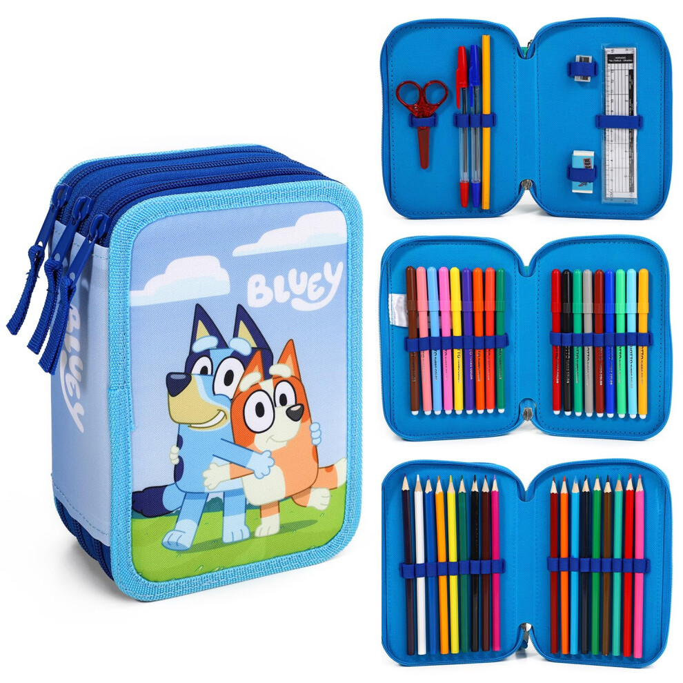 Bluey 3 Tier Large Pencil Case Multi Compartment School Supplies Stationery Colouring Pens Pencils Sets