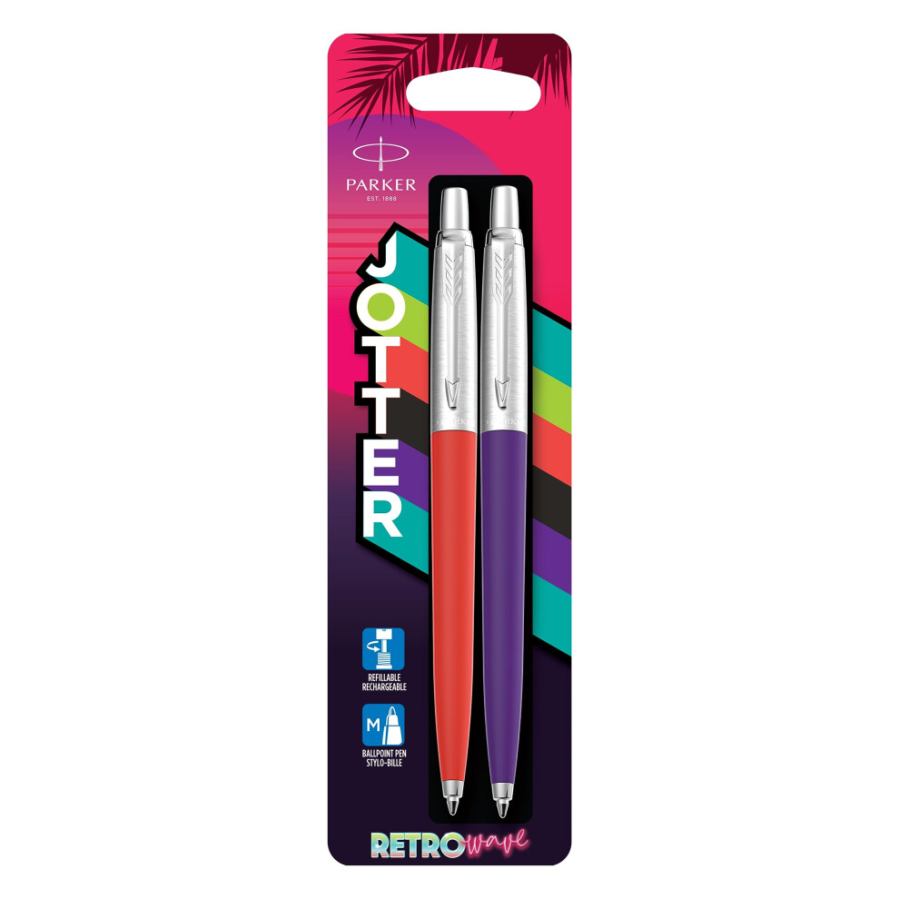 Jotter Originals Ballpoint Pens | Retrowave Collection | Vermilion Red & Indigo Purple | Blue Ink | Medium Point | 2 Count