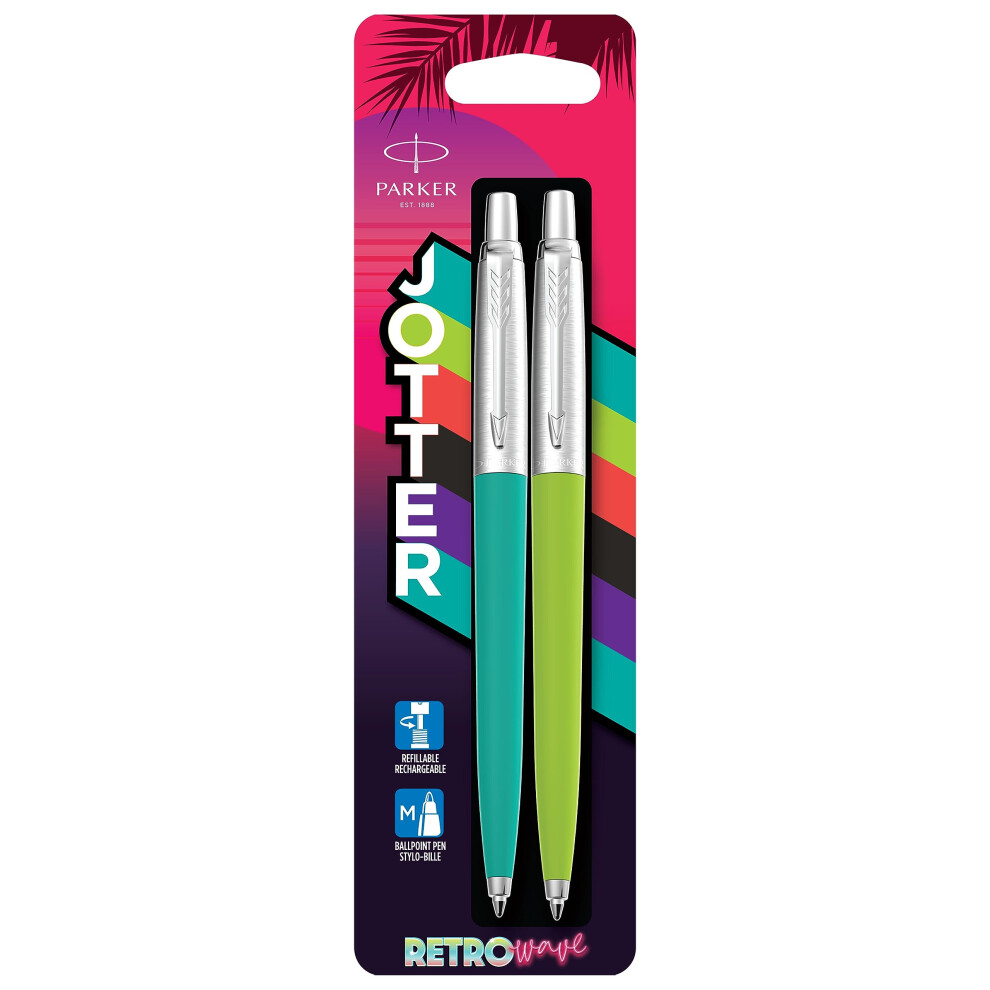 Jotter Originals Ballpoint Pens | Retrowave Collection | Caribbean Blue & Apple Green | Blue Ink | Medium Point | 2 Count