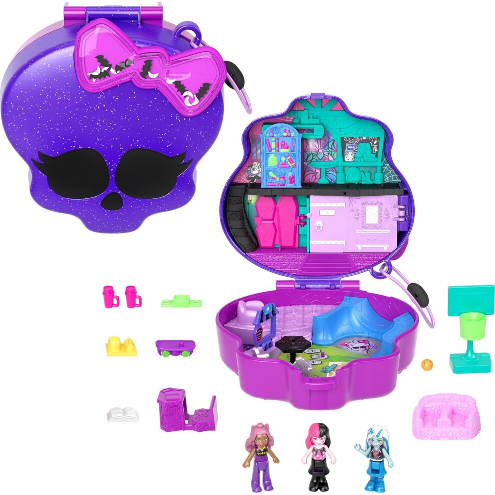 Monster High Playset with 3 Micro Dolls & 10 Accessories, Opens to High School, Collectible Travel Toy with Storage, HVV58