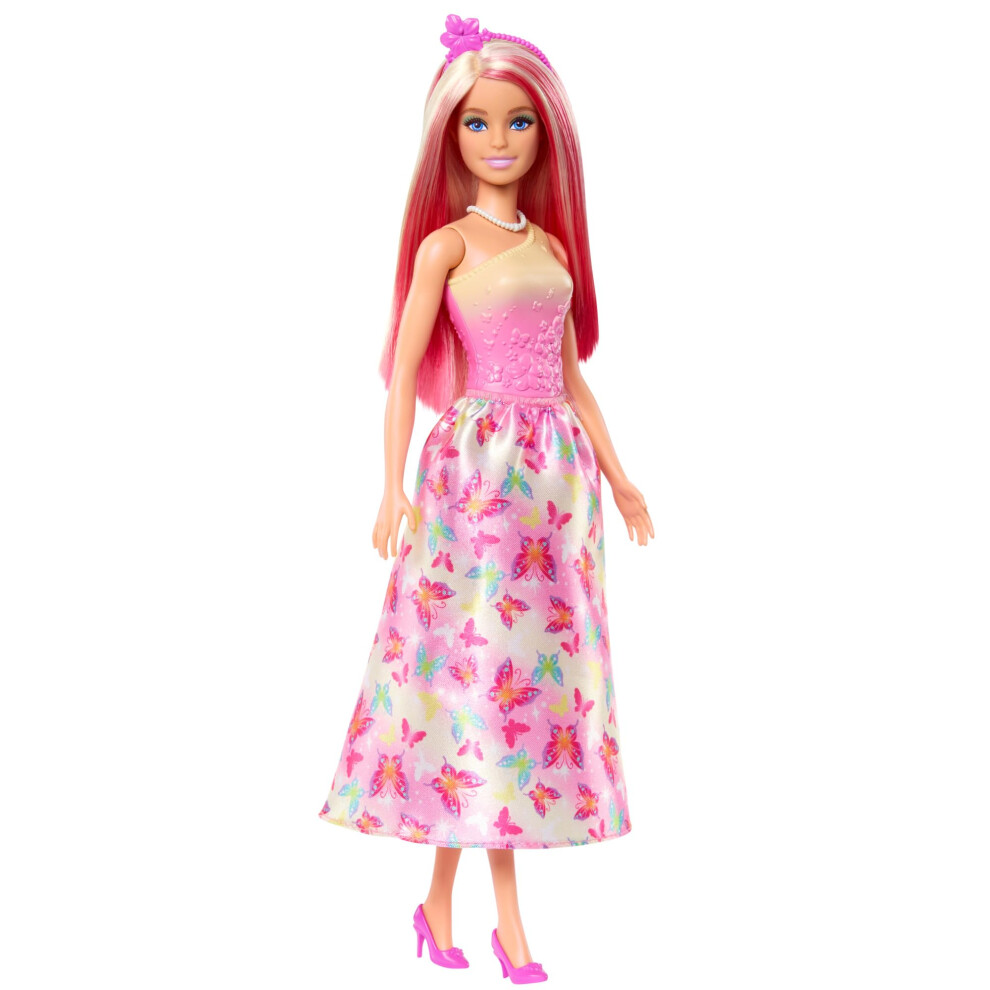 Royal Doll with Pink and Blonde Fantasy Hair, Colorful Accessories, Pink Ombre Bodice and Butterfly-Print Skirt, HRR08